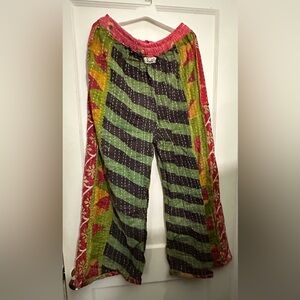 Wide Leg Printed Patchwork Pants in Green & Pink